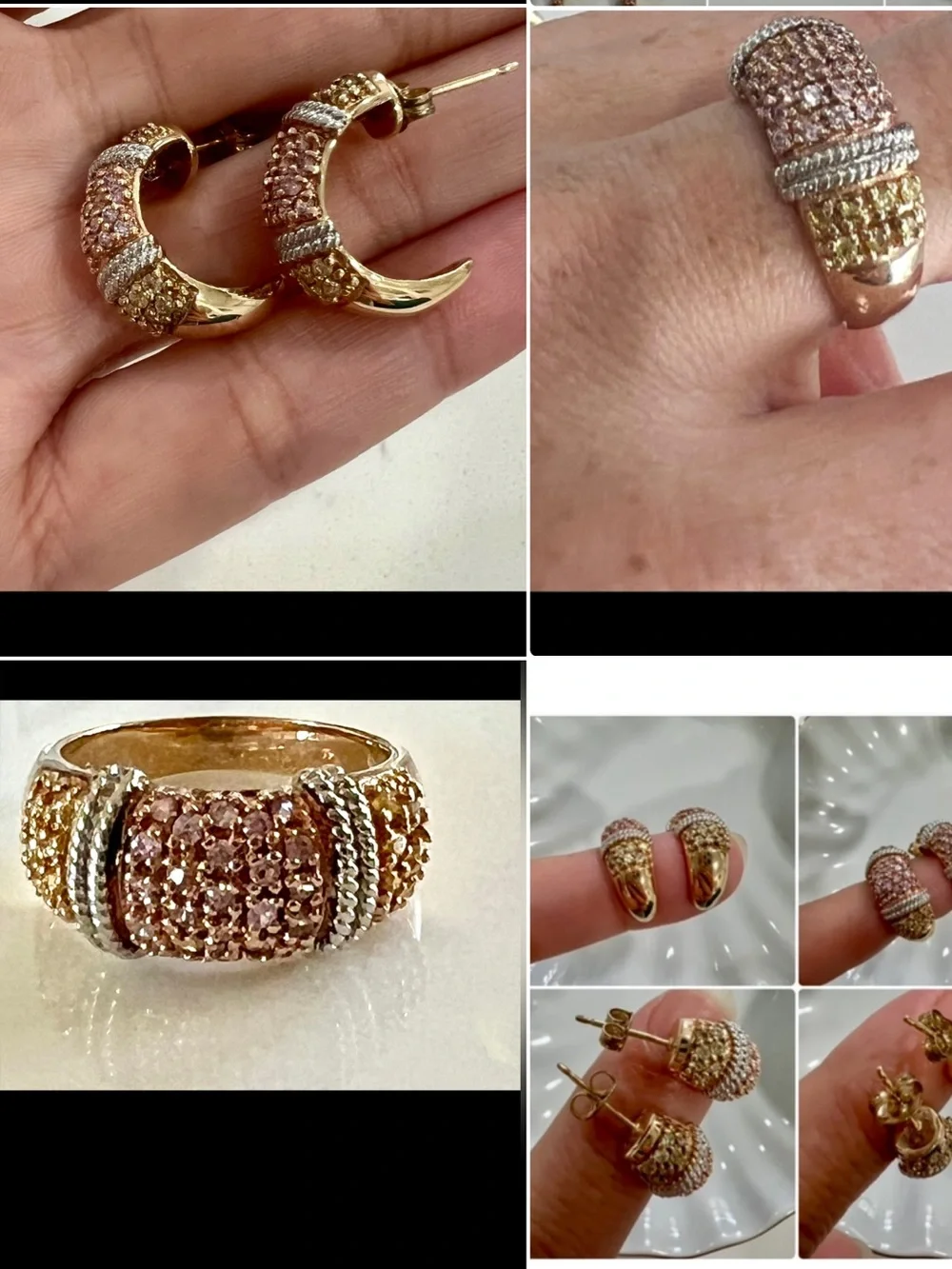Ross Simons 925 Vermeil CZ Rose Pink Champagne Pavé Ring/Hoop Earrings Set sz 7